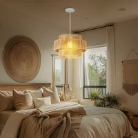 HOMCOM Hängelampe, 3-stufiger Lampenschirm, Metall, Hanfseil, Hellbraun(m-7)