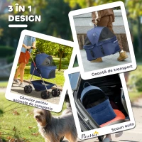PawHut Cărucior pentru Animale de Companie 3 în 1 cu 4 Roți și Geantă de Transport Detașabilă, 76x50x102 cm, Albastru(m-4)