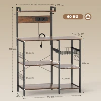 HOMCOM Küchenregal, Standregal mit 2 Steckdosen, 5 S-Haken, 5 Ablagen, Korb, X-Streben Stahl 90 x 42 x 130 cm(m-3)