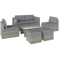 Outsunny 6‑teiliges Gartenset aus Polyrattan, platzsparende Sitzgruppe mit Sofa, Sesseln, Tisch und Fußhockern, Dunkelgrau(m-1)