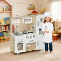 HOMCOM Kids Wooden Pretend Play Toy Kitchen Cooking Set Role Play Phone for Boys Girls White(m-2)
