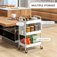 HOMCOM 3-tier Storage Trolley on Wheels, Rolling Utility Serving Cart with 3 Mesh Baskets, 2 Hanging Boxes and 6 Hooks for Living Room, Kitchen, White(m-4)