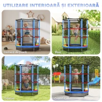 HOMCOM Saltea Elastică pentru Copii 3-6 Ani cu Plasă de Protecție, 6 Stâlpi și 3 Intrări, Ø140x190 cm, Multicolor(m-9)