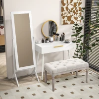 HOMCOM Modern Dressing Table with Round Mirror, Makeup Vanity Table with 2 Drawers for Bedroom, Living Room, White(m-7)
