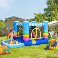 Outsunny Kids Rainbow Bouncy Castle & Pool House Inflatable Trampoline w/ Blower Pump(m-2)