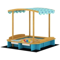 AIYAPLAY Bac à sable en bois avec toit 3 bancs 2 coffres en PP doublure pour enfants de 3-6 ans 128x118x121 cm Bleu