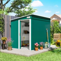 Outsunny Capanno Attrezzi in Metallo 1.5x2m con Base, Porta Scorrevole e Tetto Inclinato, Verde(m-2)