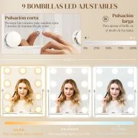 HOMCOM Hollywood Espejo de Maquillaje con Luz 9 Bombillas LED 3 Colores Interruptor Táctil Soporte para Teléfono Blanco(m-6)