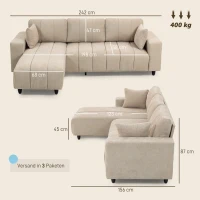 HOMCOM L-förmiges Ecksofa mit flexibler Chaiselongue, 3-Sitzer-Couch mit 2 Kissen, Metallrahmen, für Wohnzimmer, Beige(m-3)