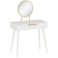 HOMCOM Modern Dressing Table with Round Mirror, Makeup Vanity Table with 2 Drawers for Bedroom, Living Room, White(m-1)