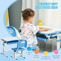 HOMCOM Kids Desk and Chair Set, Height Adjustable Student Writing Desk, Children School Study Table with Tiltable Desktop, Drawer, Pen Slot, Hook - Blue(m-4)