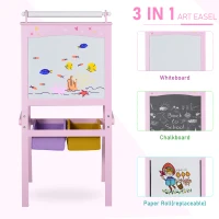 HOMCOM Kids Easel 3 in 1 Wooden Art Easel with Paper Roll Double-Sided Chalkboard & Whiteboard with Storage Baskets for Toddler Girls, Pink(m-4)