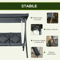 Outsunny Dondolo da Giardino 3 Posti con Tettuccio Regolabile, in Acciaio e Poliestere, 202x115x168 cm, Grigio Scuro(m-7)