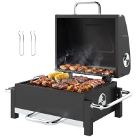 Outsunny Holzkohlegrill aus Stahl tragbarer BBQ Smoker mit Deckel verstellbare Lüftung zweistufige Kohlepfanne Thermometer(m-10)