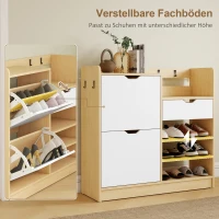 HOMCOM Schuhregal für Flur, Schuhschrank mit Kippschubladen, offenen Regalen, 4 Haken, für bis zu 14 Paar Schuhe, Natur(m-5)