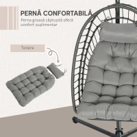 Outsunny Fotoliu Suspendat din Ratan PE cu Pernă, Șezut Pliabil și Cadru din Oțel, Gri(m-6)