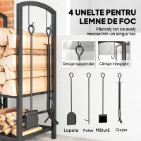 Outsunny Caseta pentru Lemne cu Set Unelte pentru Semineu in Otel Negru 40 x 30 x 74.5 cm(m-5)