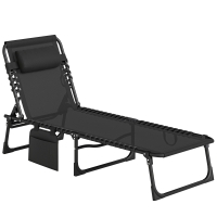 Outsunny Portable Sun Lounger, Folding Camping Bed Cot, Reclining Lounge Chair 5-position Adjustable Backrest with Side Pocket, Pillow for Patio Garden Beach Pool, Black