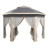 Outsunny Hexagon Pop Up Gazebo Outdoor Patio Gazebo Double Roof Instant Shelter with Netting, 3 x 4m, Khaki