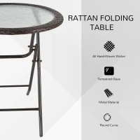Outsunny Folding Round Tempered Glass Metal Table with Brown Rattan Edging(m-4)