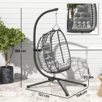 Outsunny Sedia Sospesa in Rattan a Uovo con Cuscino e Poggiatesta, Altezza Regolabile e Seduta Richiudibile, Grigio(m-3)