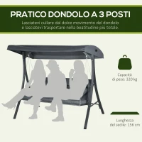 Outsunny Dondolo da Giardino 3 Posti con Tettuccio Regolabile, in Acciaio e Poliestere, 202x115x168 cm, Grigio Scuro(m-4)