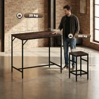 HOMCOM Set 5 Pezzi Tavolo Alto Sgabelli Stile Industriale, in Metallo e Legno, per Soggiorno e Cucina, Marrone Rustico(m-3)