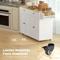 HOMCOM Rollbare Kücheninsel, 2 Schubladen, 2 Schränke, verschiebbar, Gewürzregal, Handtuchhalter, Messerhalter, MDF, Weiß(m-5)