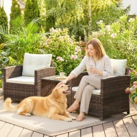 Outsunny Set Bistro de Exterior 3 Piezas en Rattan con Mesa de 2 Niveles, Cojines para Balcón y Terraza, Marrón y Crema(m-4)