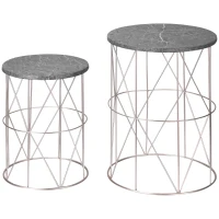 Outsunny 2er-Set Beistelltisch Stapelbar Gartentisch in Marmor Optik Balkontisch aus Metall, runder Kaffeetisch 50kg belastbar, Ø38x52,5 cm Sofatisch für Outdoor Indoor Balkon Rose+Gold+Grau(m-1)