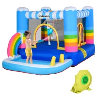 Outsunny Kids Rainbow Bouncy Castle & Pool House Inflatable Trampoline w/ Blower Pump(m-10)