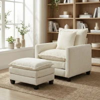 HOMCOM Wohnzimmersessel mit Fußhocker, 1-Sitzer Sofa aus Chenille, breite Sitzfläche, doppellagige Polsterung, 85x128x86cm, Creme(m-5)