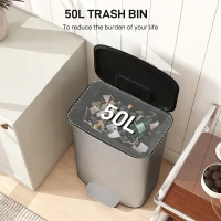 HOMCOM Coș de Gunoi cu Pedală de 50L cu Capac Amortizat, Deschidere la 90° și Găleată Detașabilă, Oțel Inoxidabil, Gri(m-4)