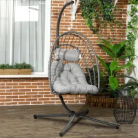 Outsunny Fauteuil suspendu de jardin chaise hamac résine tressée panier pliable avec matelas support en métal et appui-tête gris(m-10)