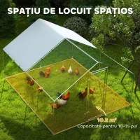 PawHut Țarc pentru Găini de 10,2 m² pentru 10-15 Găini cu Acoperiș Impermeabil, din Oțel și Țesătură, 3x3,4x1,9 m, Argintiu(m-4)