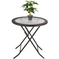 Outsunny Folding Round Tempered Glass Metal Table with Brown Rattan Edging(m-10)