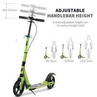 HOMCOM Kick Scooter, Folding 2 Wheel Scooter for 14+ Teens Adults, with Dual Brake System, Dual Suspension, 230mm Big Wheels, 3 Adjustable Handlebar, up to 100KG, Green(m-4)