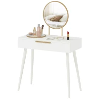 HOMCOM Modern Dressing Table with Round Mirror, Makeup Vanity Table with 2 Drawers for Bedroom, Living Room, White(m-11)