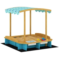 AIYAPLAY Bac à sable en bois avec toit 3 bancs 2 coffres en PP doublure pour enfants de 3-6 ans 128x118x121 cm Bleu(m-6)
