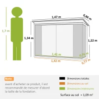 Outsunny Abri de Jardin cabane de jardin 1,09 m² 2 Portes verrouillables 147 x 86 x 134 cm tôle d'acier Gris clair Blanc(m-3)