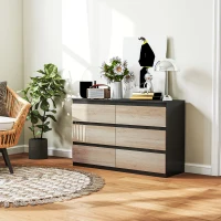 HOMCOM Commode 6 tiroirs meuble de rangement sans poignées design minimaliste 120 x 39 x 75 cm noir et bois naturel(m-8)