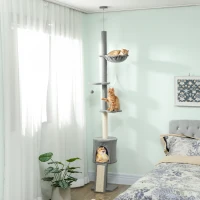 PawHut Arranhador para Gatos de Chão a Teto com Altura Ajustável de 220-240 cm Rede Plataformas em Flor Cavernas Rampa e Bola Cinza(m-2)
