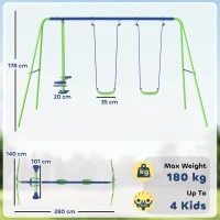 Outsunny Metal Garden Swing Set Height Adjustable Children Outdoor Backyard Play Set for Toddlers Over 3 Years Old, Green(m-3)