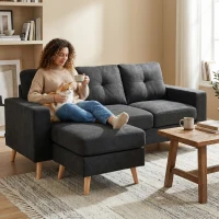 HOMCOM Divano 3 Posti ad Angolo con Penisola Reversibile e Cuscini, in Tessuto Effetto Lino, 193x136x85 cm, Nero(m-2)