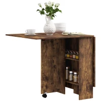 HOMCOM Mesa de comedor plegable abatible para 6 personas con 2 estantes abiertos y ruedas con freno, Marrón(m-7)