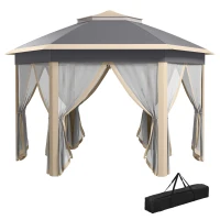 Outsunny Hexagon Pop Up Gazebo Outdoor Patio Gazebo Double Roof Instant Shelter with Netting, 3 x 4m, Khaki(m-10)