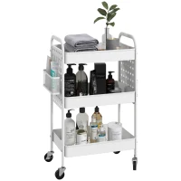 HOMCOM 3-tier Storage Trolley on Wheels, Rolling Utility Serving Cart with 3 Mesh Baskets, 2 Hanging Boxes and 6 Hooks for Living Room, Kitchen, White(m-10)
