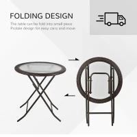 Outsunny Folding Round Tempered Glass Metal Table with Brown Rattan Edging(m-6)