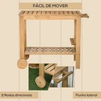 Outsunny Carrinho de Madeira Exterior com 2 Níveis Alça Lateral 3 Suportes para Garrafas e 2 Rodas 95x47x74 cm Madeira(m-5)