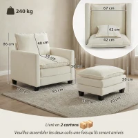 HOMCOM Wohnzimmersessel mit Fußhocker, 1-Sitzer Sofa aus Chenille, breite Sitzfläche, doppellagige Polsterung, 85x128x86cm, Creme(m-3)